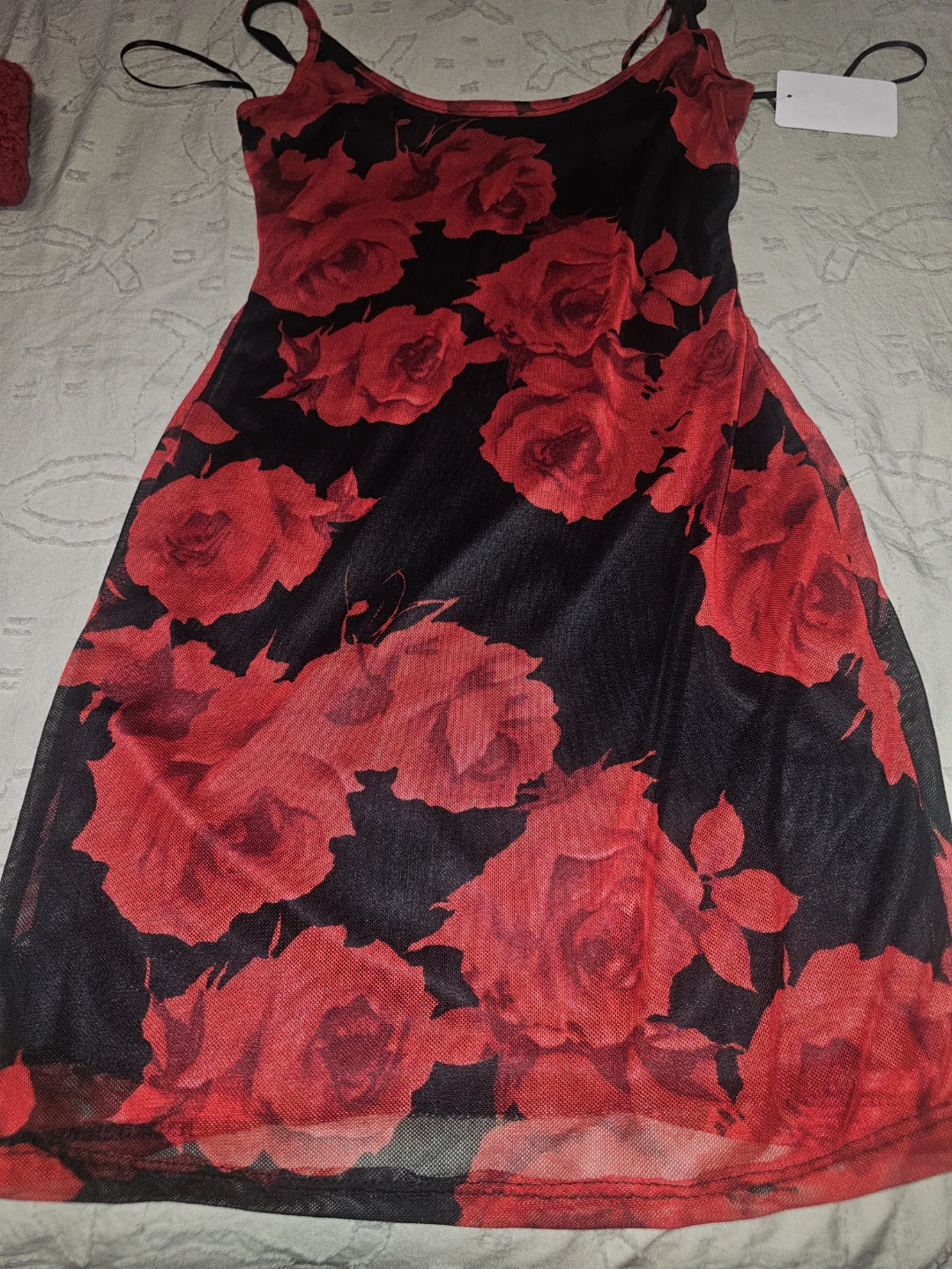 Black and Red Rose Print Mesh Dress