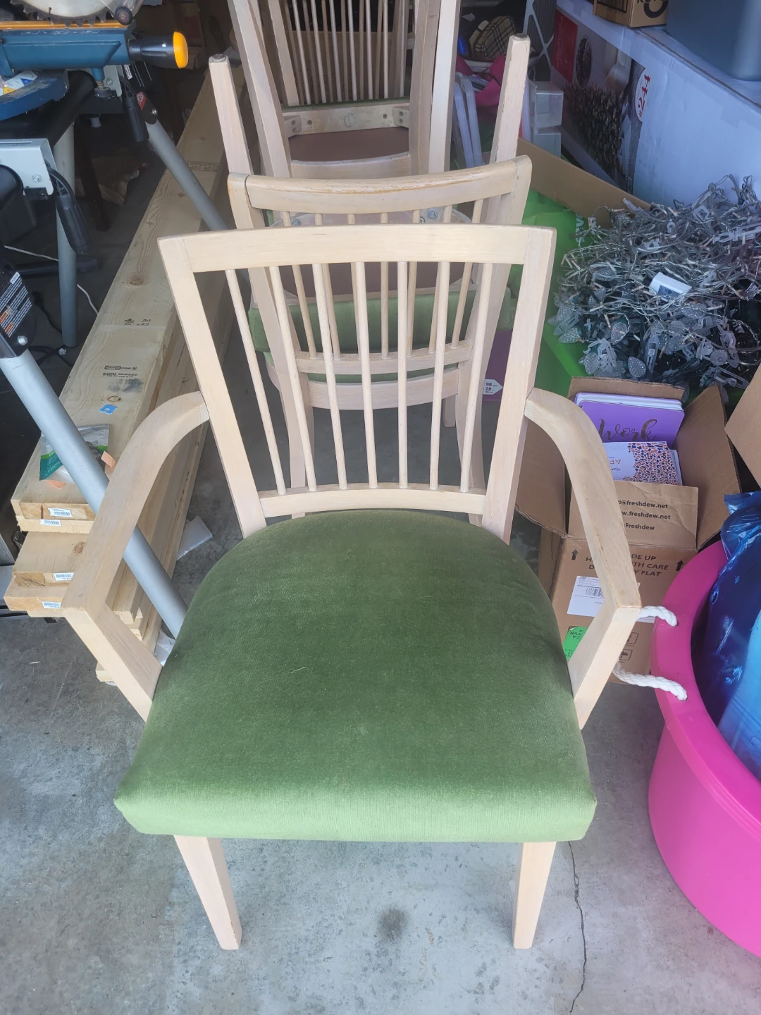 Wooden Dining Chairs with Green Upholstery (Set of 6)