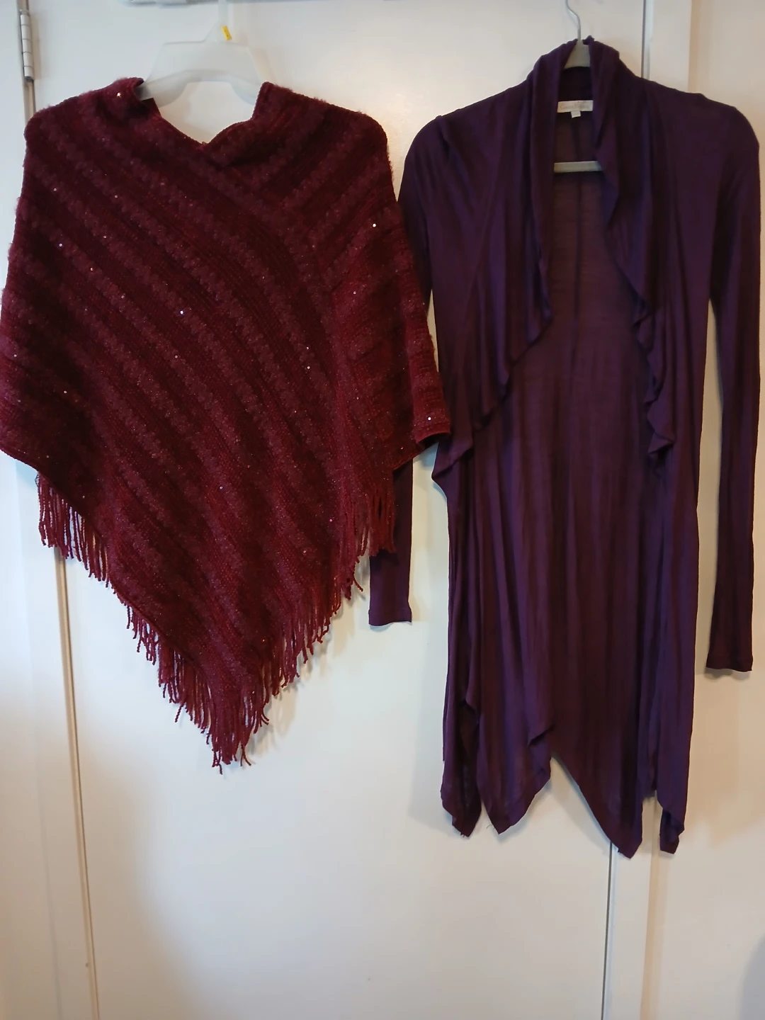 New. Burgundy Poncho w/Sequins & Costa Blanca Cardigan. $8 EACH.