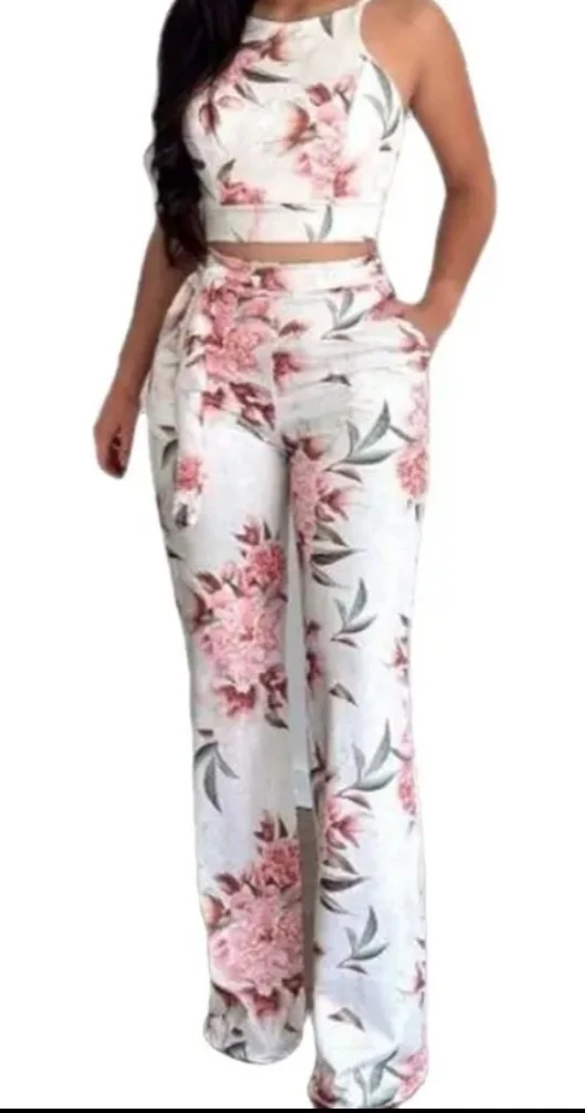 Floral Print Crop Top and Wide Leg Pants Set