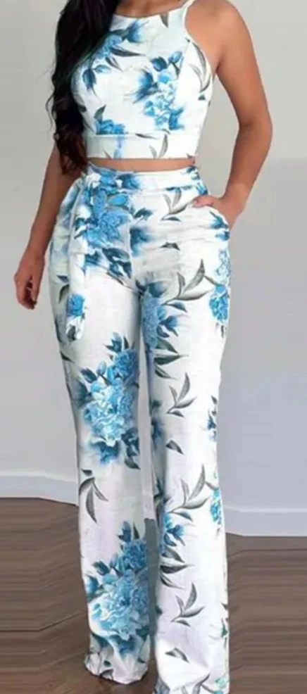 Floral Print Crop Top and Wide Leg Pants Set - photo 2