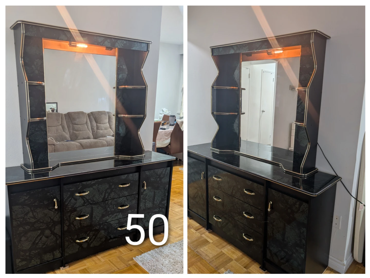 Black Dresser with Mirror and Light