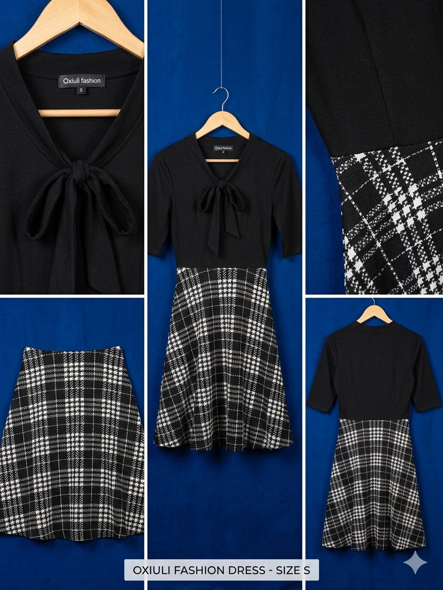 Oxiuli Fashion Black Plaid Dress Size S