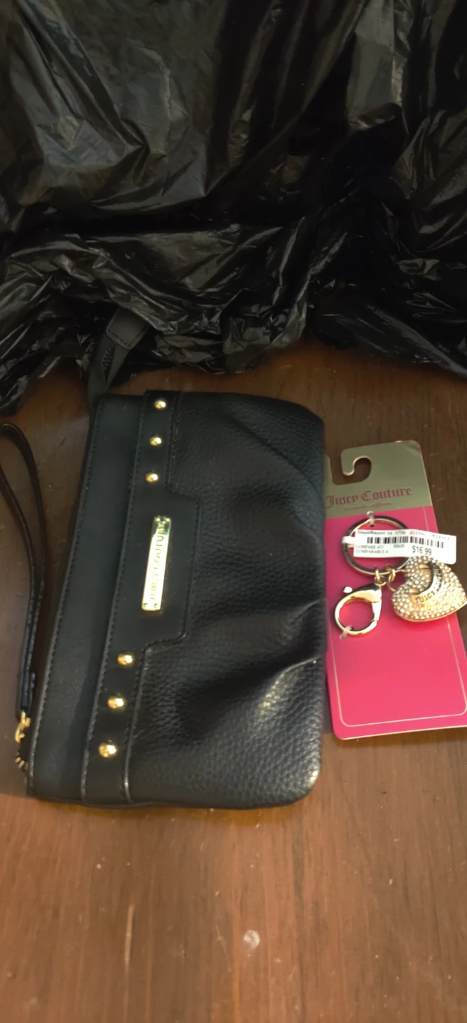 Juicy Couture Black Pebble Leather Wristlet with Heart Keychain