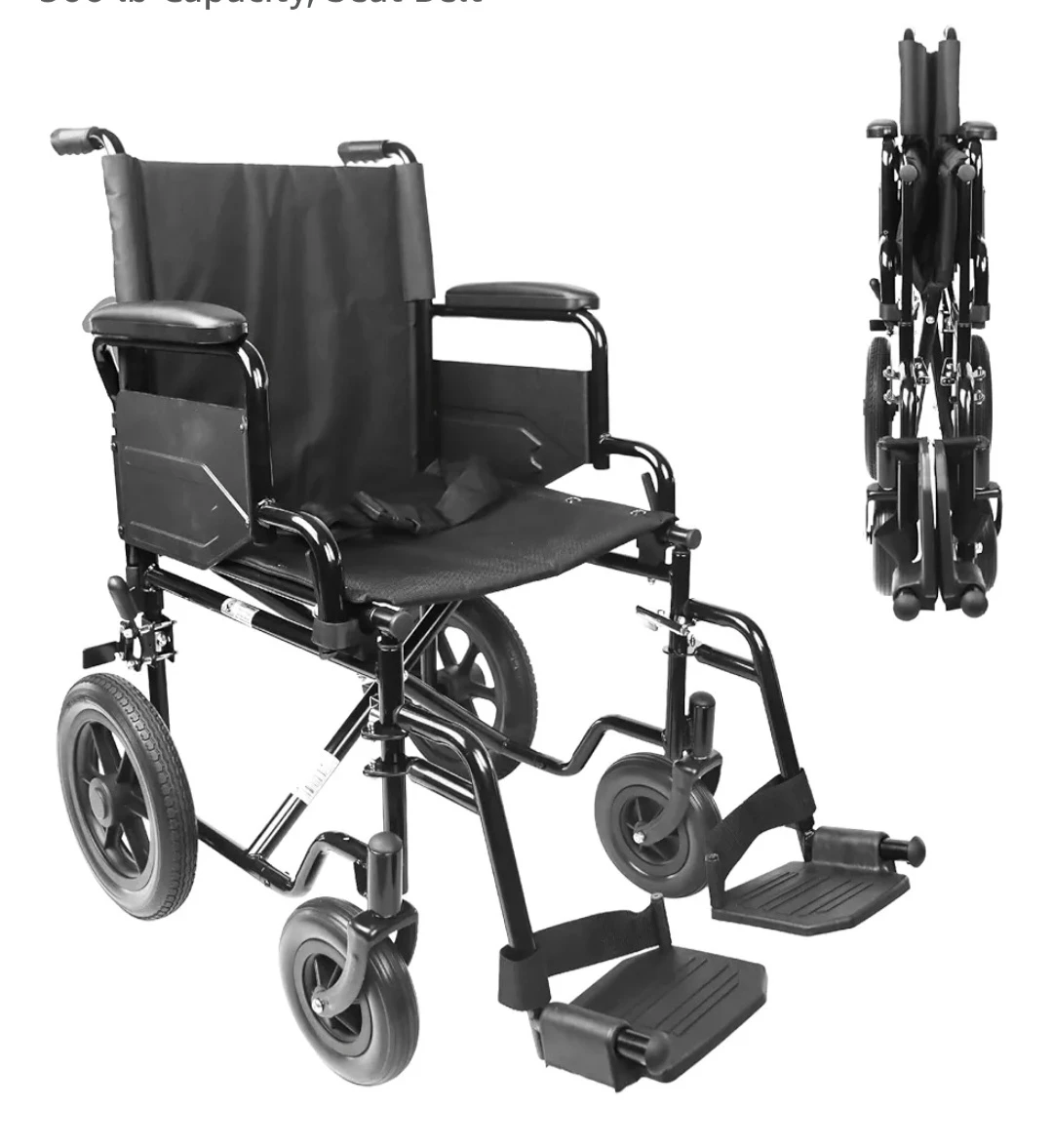Black Folding Transport Wheelchair 113 kg Capacity