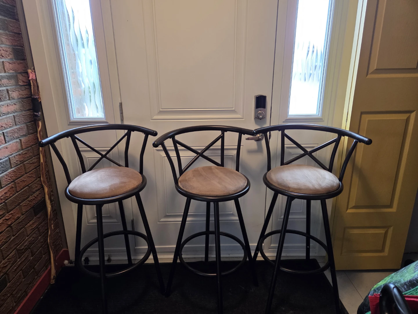 Set of 3 Bar Stools with Padded brown suede Seats