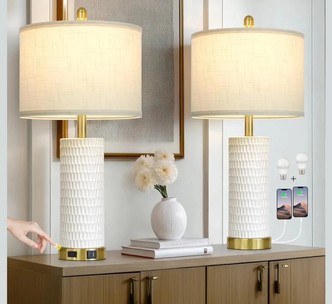 White Ceramic Table Lamp with USB Ports