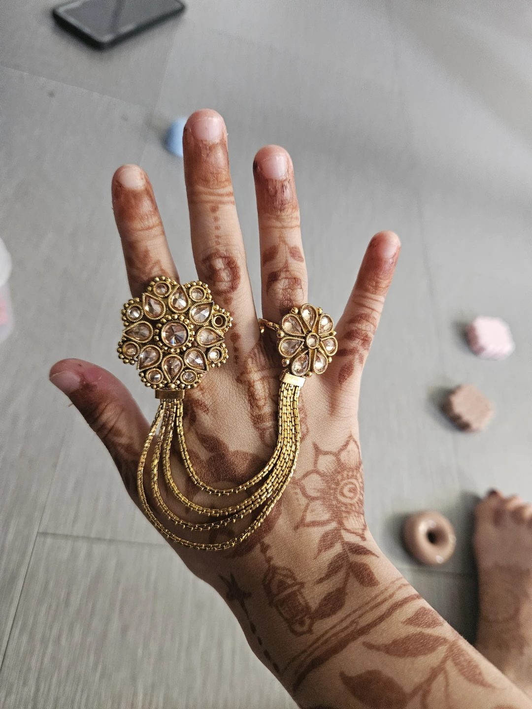 Gold Tone Statement Ring Bracelet with Rhinestones