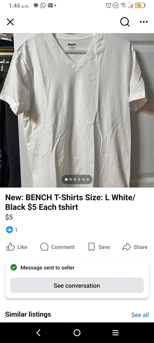 Bench V-Neck T-Shirts - Large - White