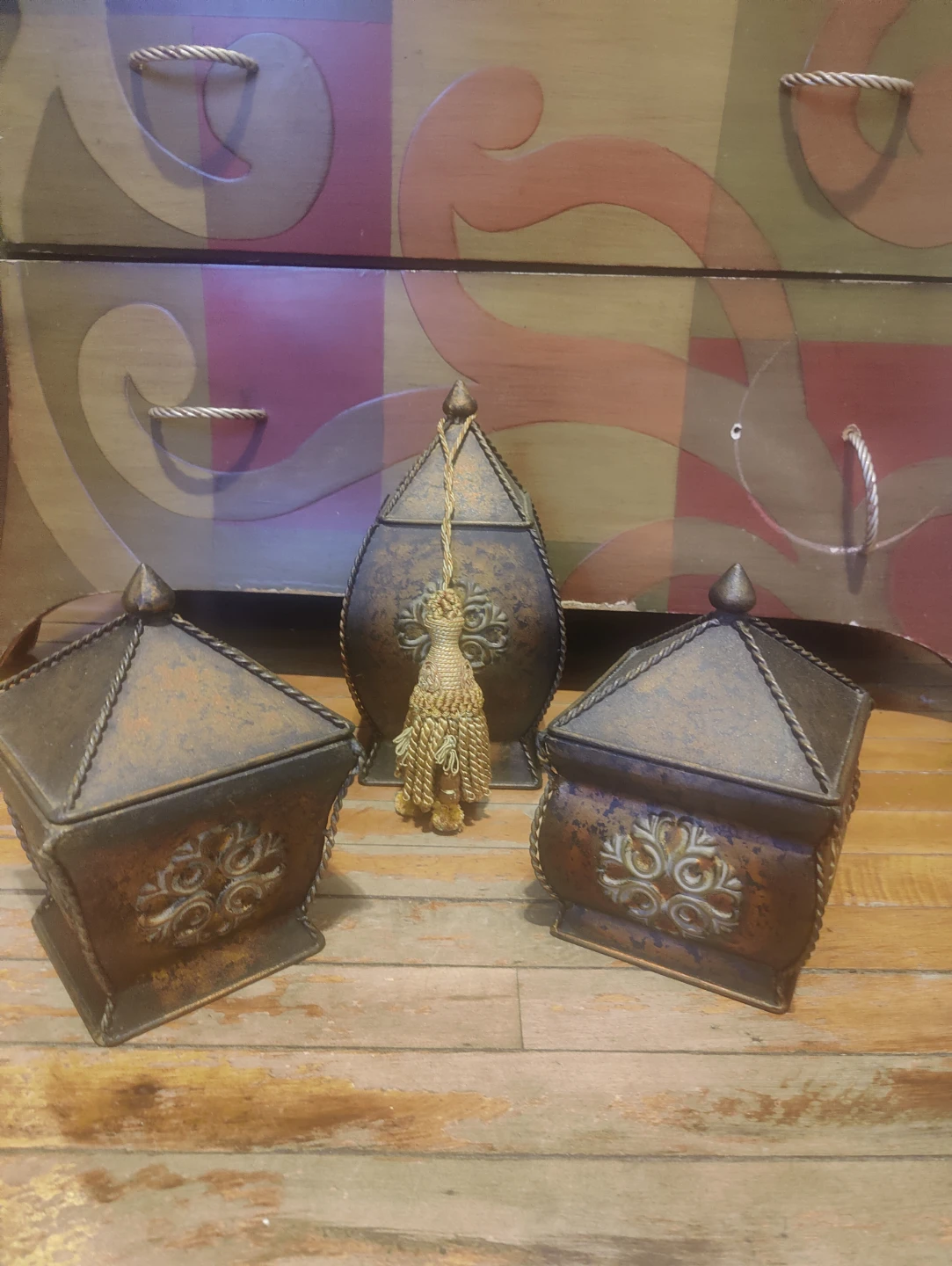 Set of 3 Decorative Metal Lanterns with Tassels