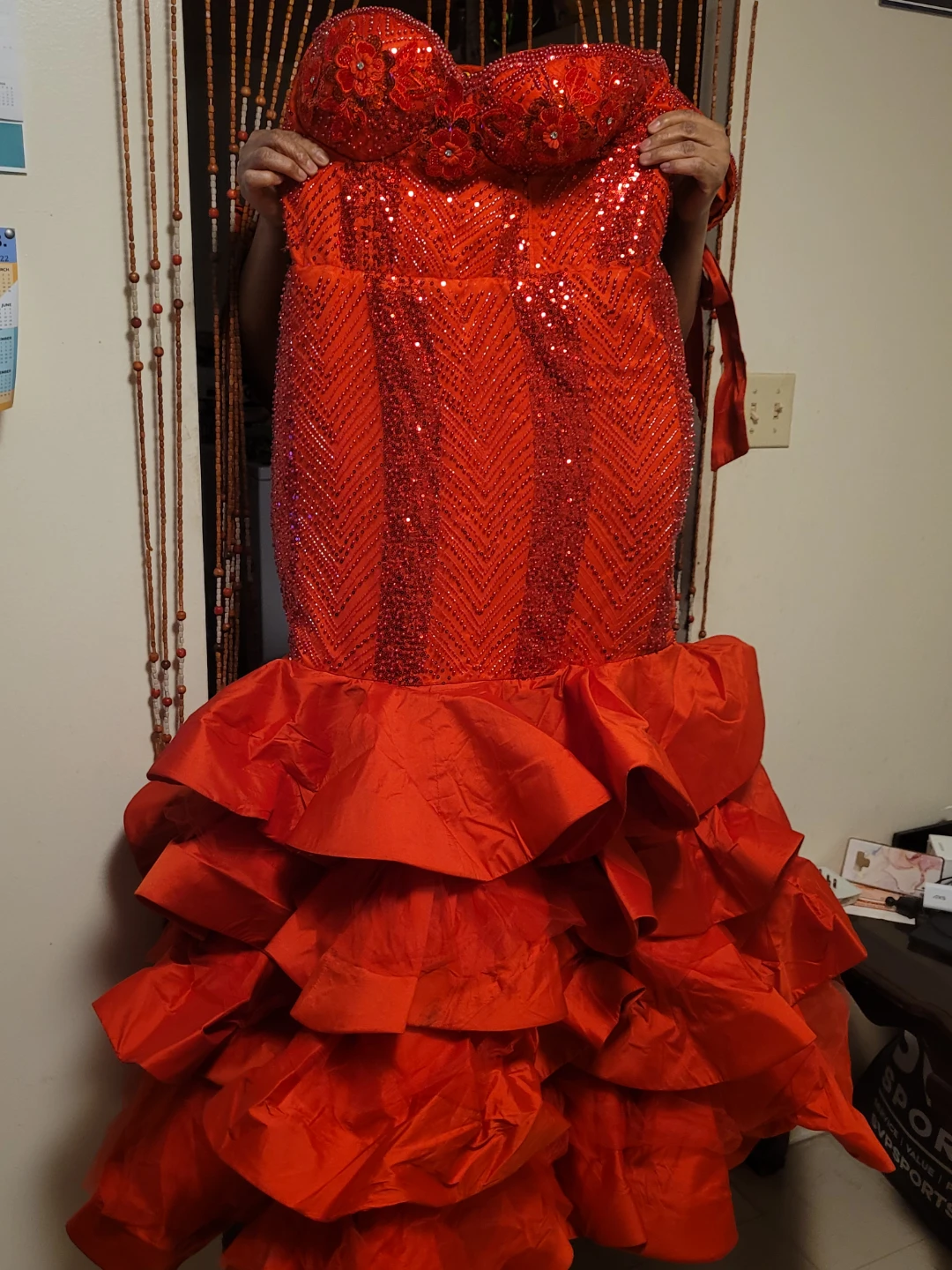 Red Off-the-Shoulder Beaded Ruffle Gown - photo 2