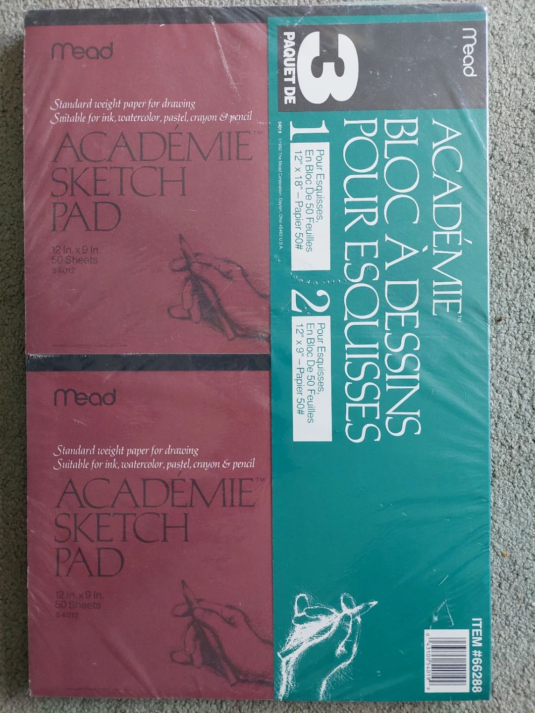Mead Académie Sketch Pad (3 Pack), two 12" x 9", one 12" x 18"