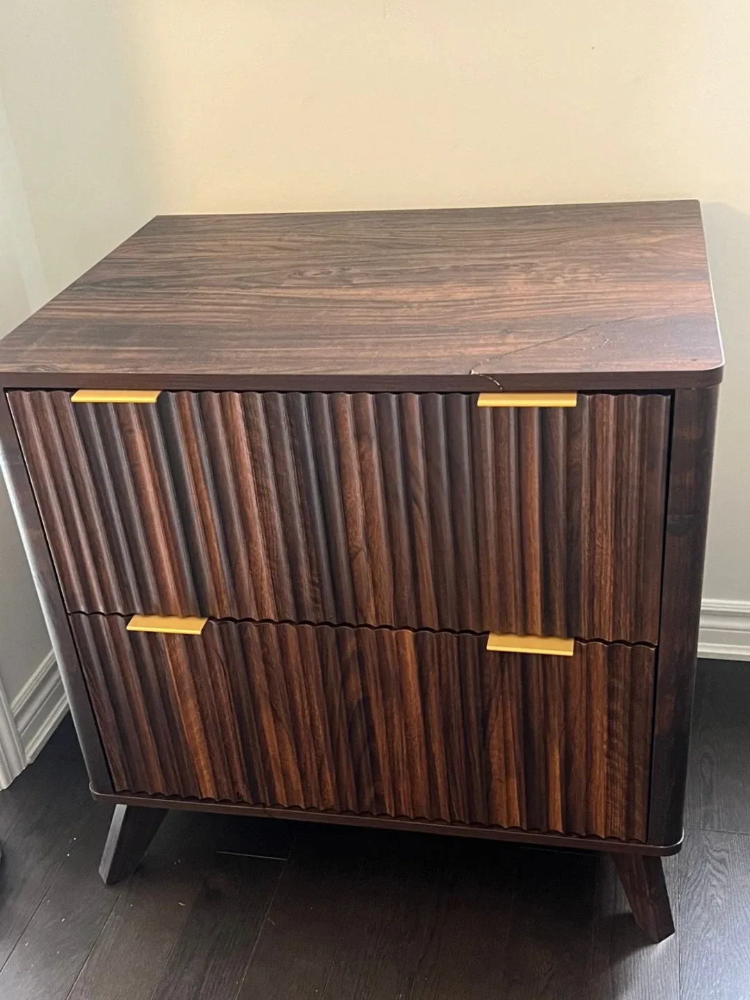 Dark Wood 2-Drawer Nightstand with Gold Handles - photo 2