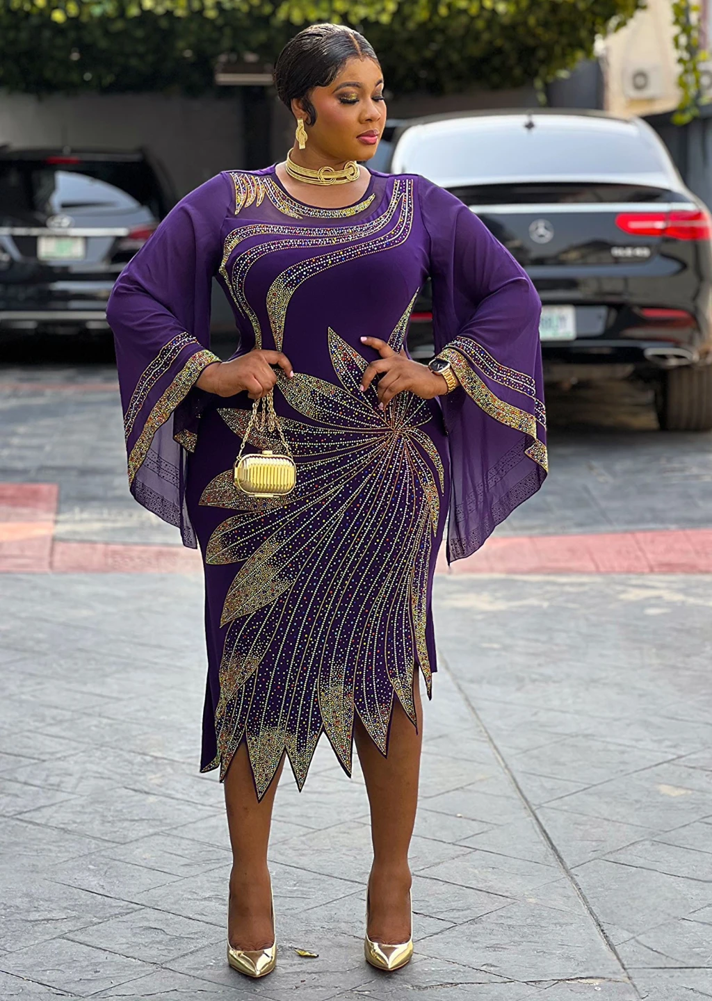 Purple Embellished Bell Sleeve Midi Dress