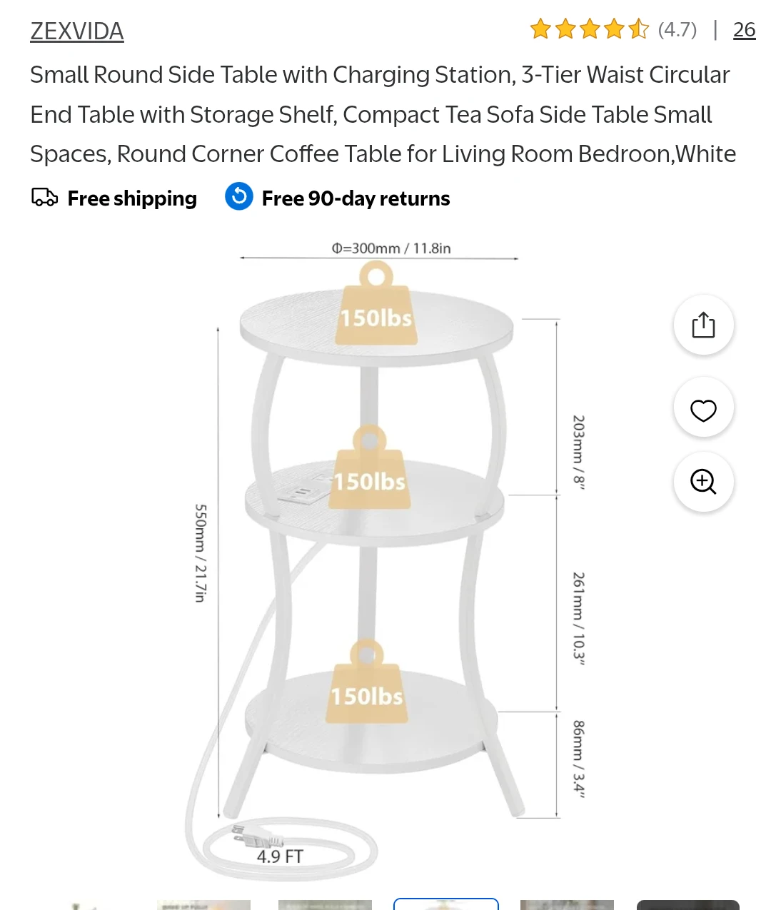 ZEXVIDA White 3-Tier Side Table with Charging Station - photo 5