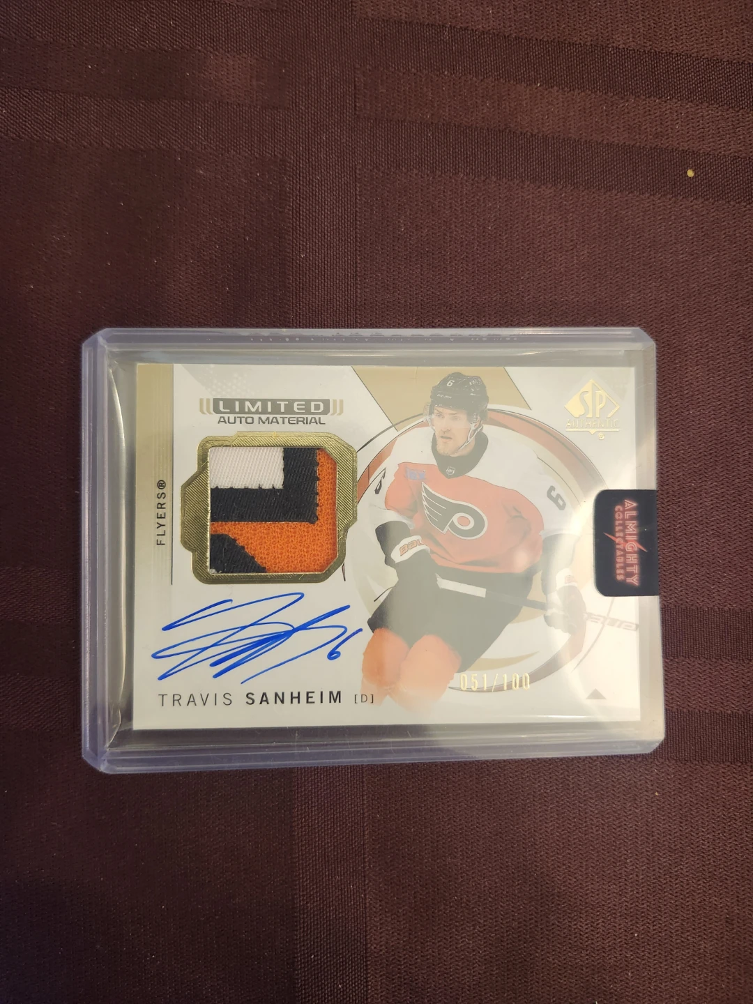 SP Authentic Travis Sanheim Auto Material Jersey Card 051/100