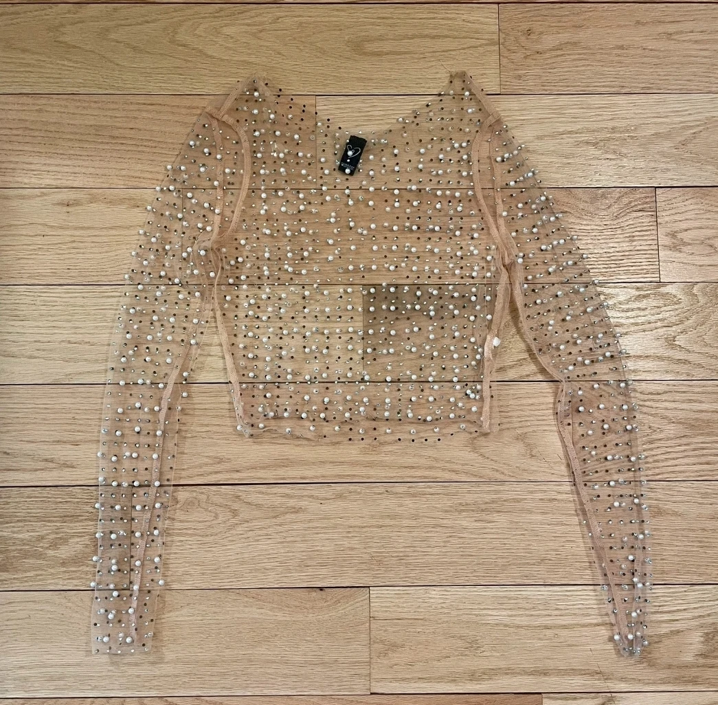 Windsor Sheer Pearl and Rhinestone Long Sleeve Top