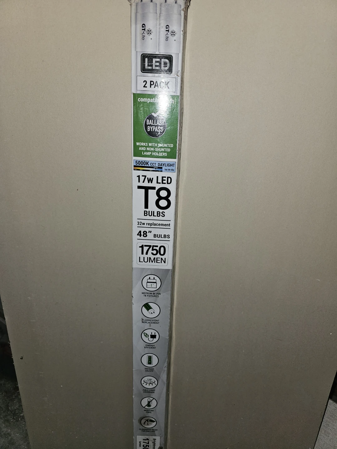 17w LED T8 Bulbs, 48 inch, 1750 Lumen, 5000K Daylight, 2 Pack