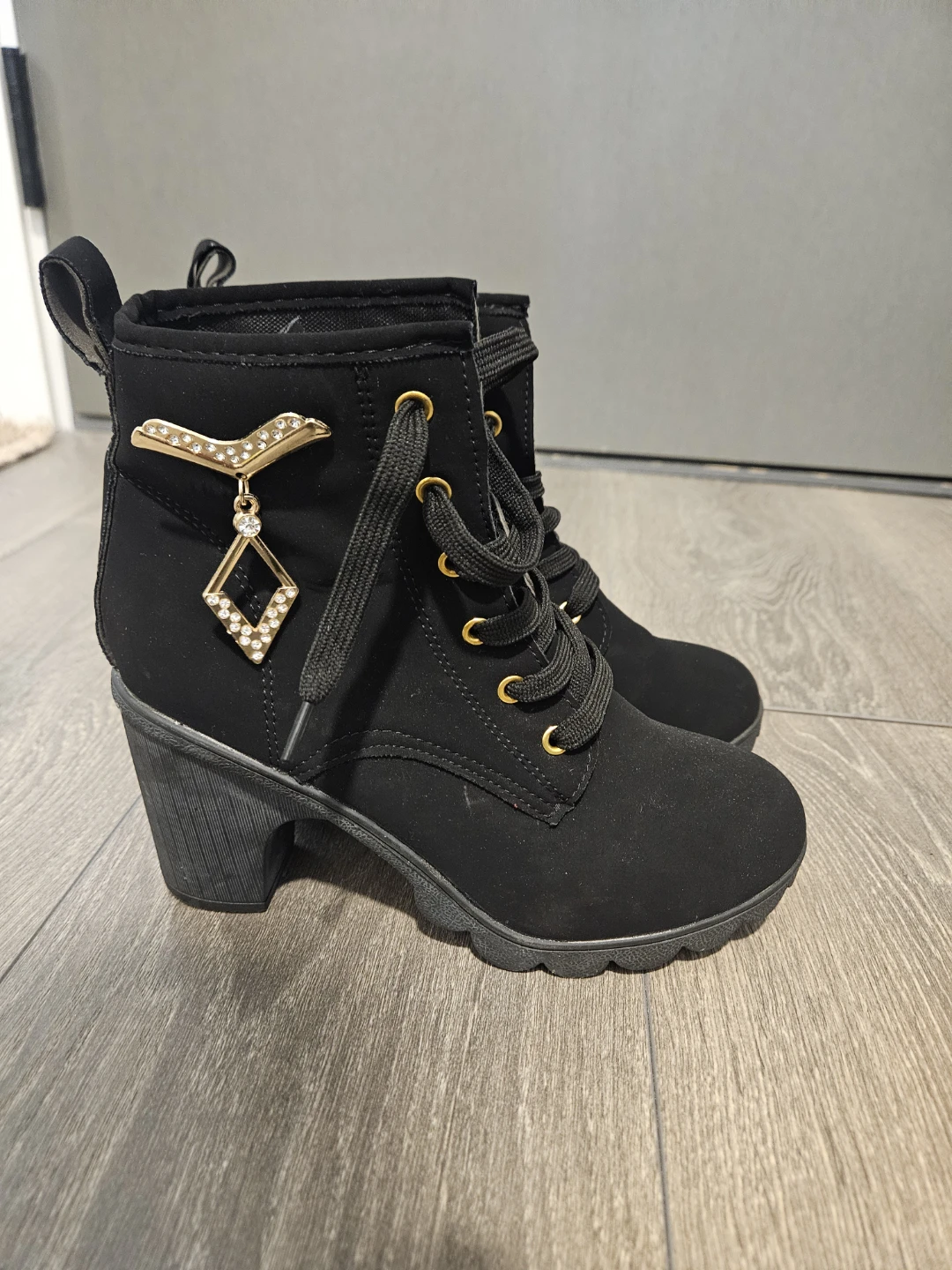 Black Heeled Combat Boots with Charm - photo 3