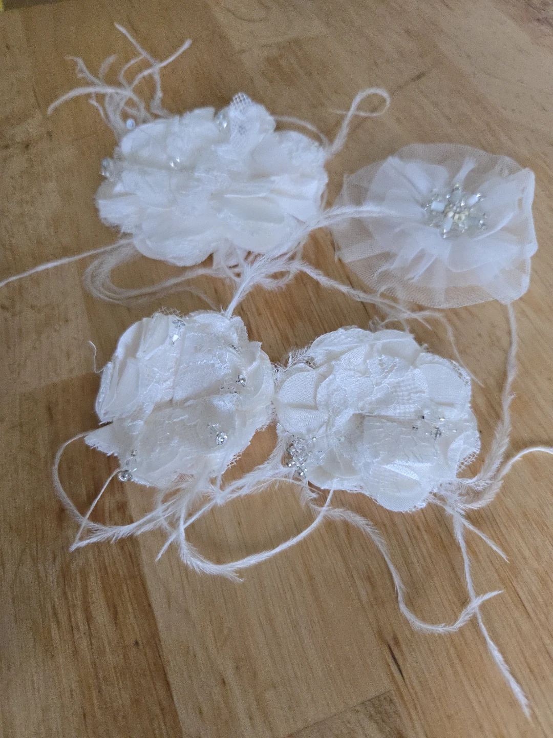 White Fabric Flower Embellishments with Feathers (Set of 4)