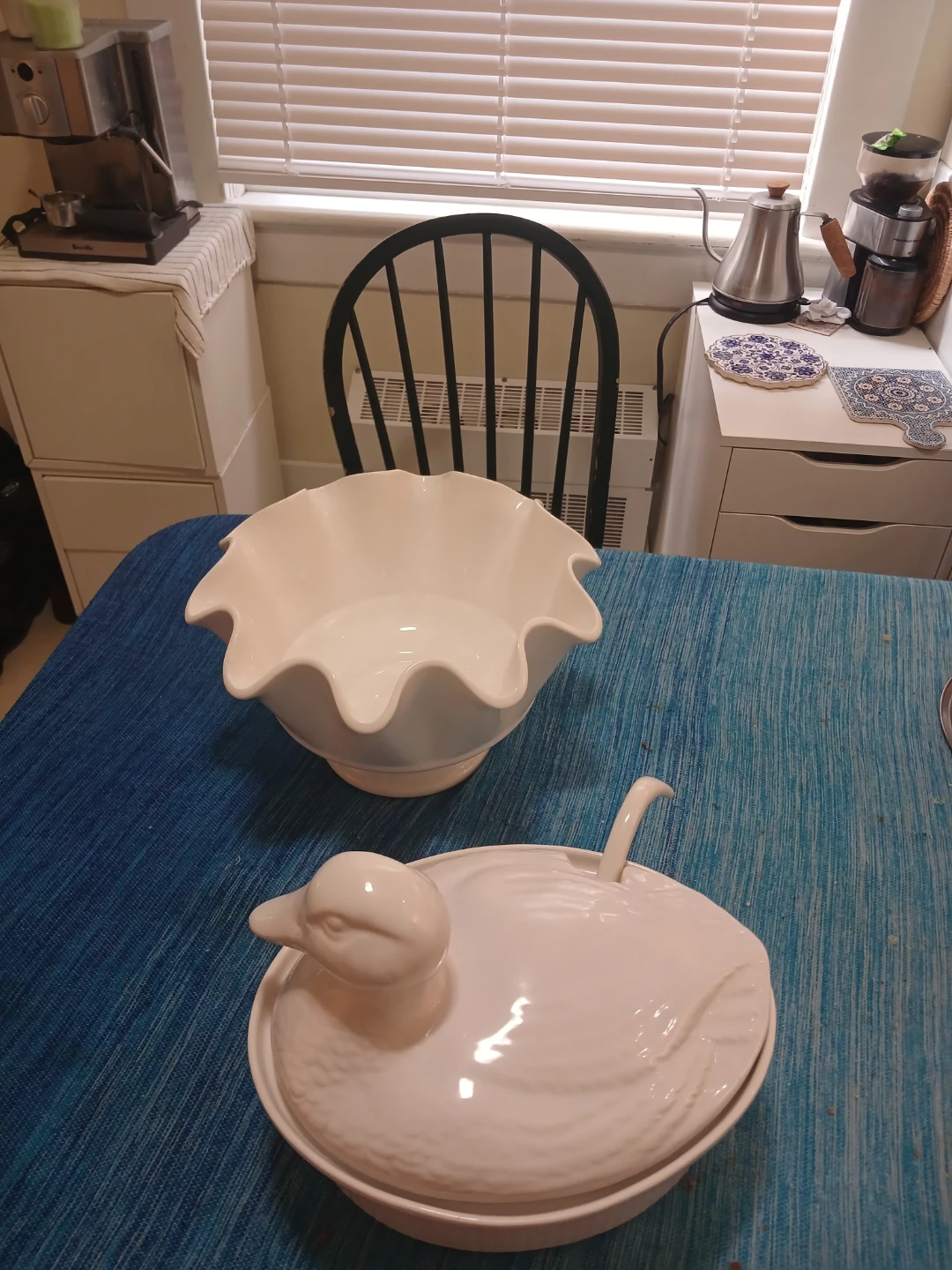 White Ceramic Duck Tureen with Ladle and Serving Bowl