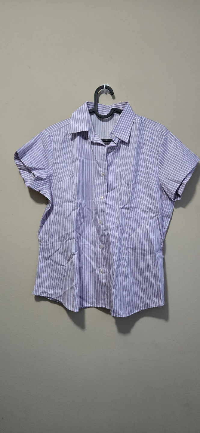 Purple and White Striped Short Sleeve Button-Up Shirt
