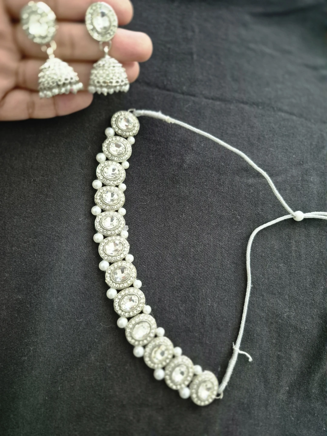 Silver Tone Choker Necklace and Jhumka Earrings Set - photo 3