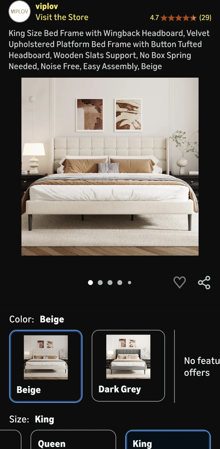 King Size Bed Frame - Beige Velvet Upholstered with Headboard