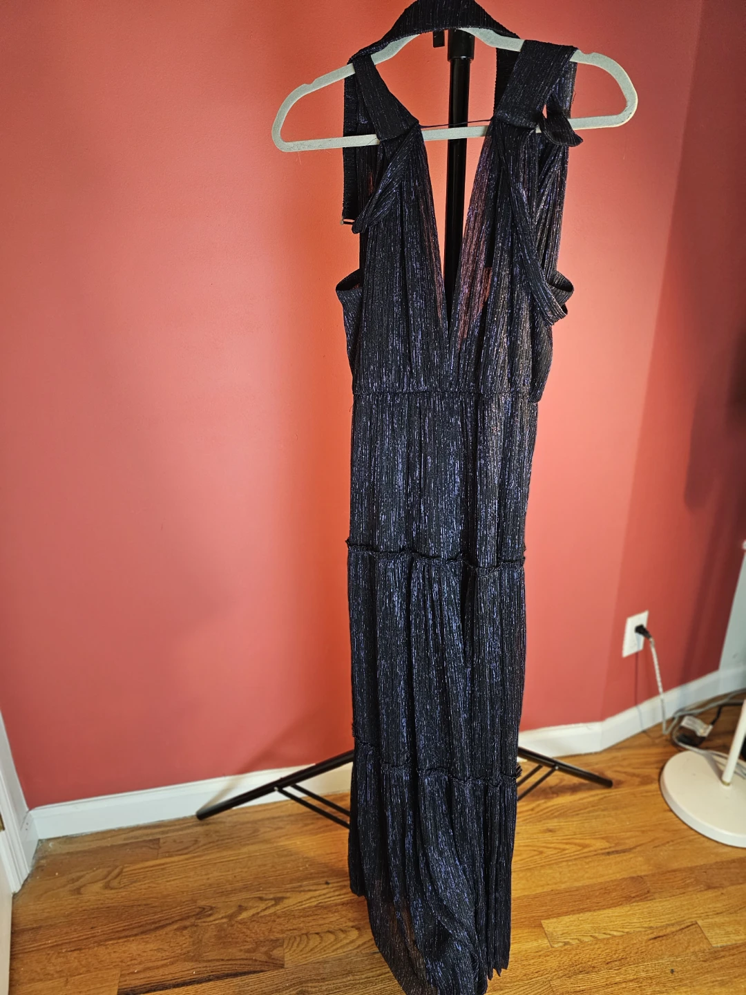 Black Metallic Tiered Maxi Dress with Belt