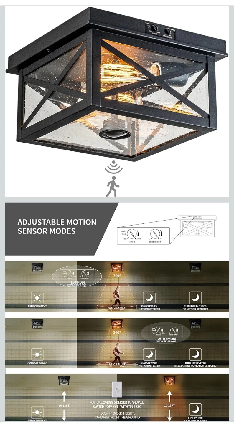 OUPAVOCS Outdoor Ceiling Light with Motion Sensor - Black - photo 2