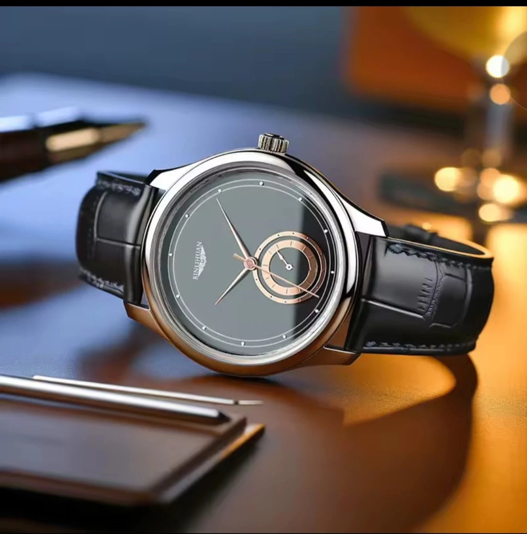 BINHUAN Men's Black Leather Band Dress Watch - photo 3