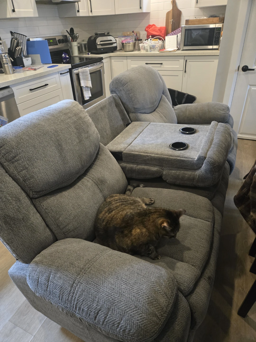 Grey Reclining Sofa with Cup Holders