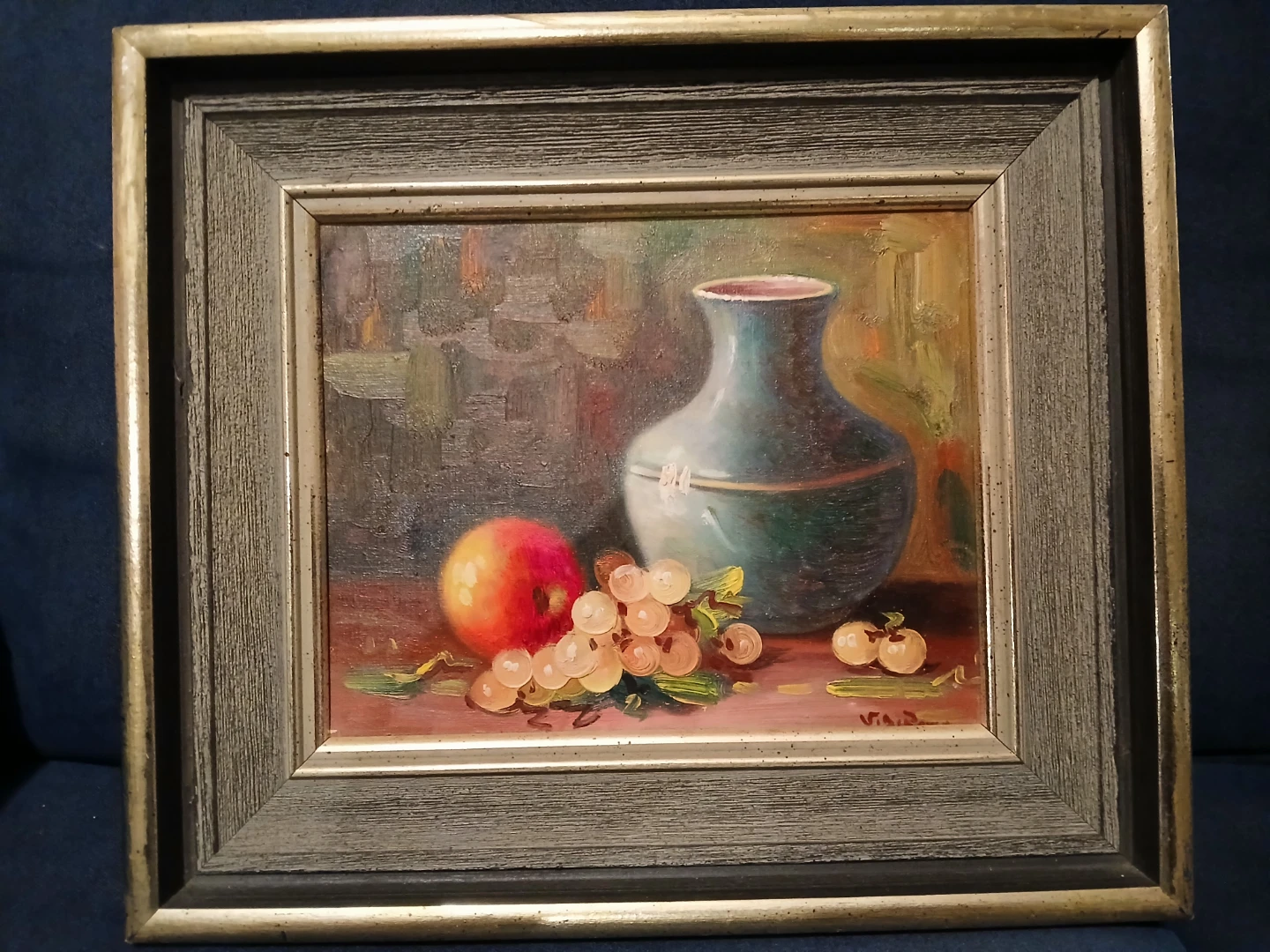Framed Oil Painting Still Life - Vase, Apple, Grapes