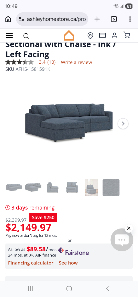 Urgent sale Ashley Sectional with Chaise - Ink Blue