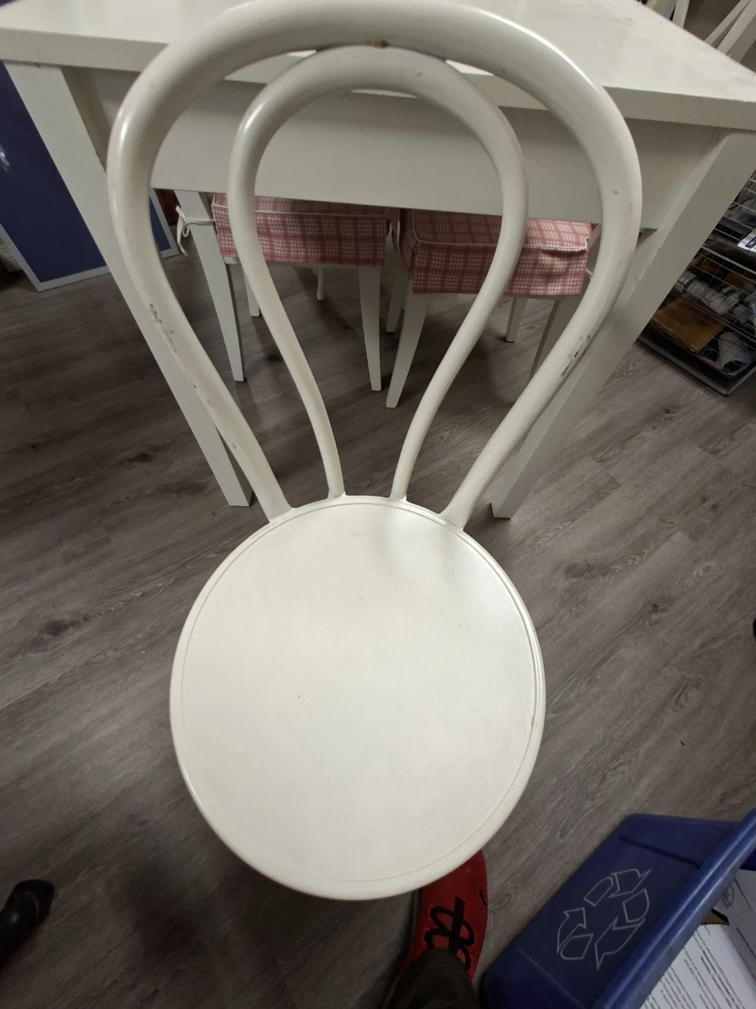 IKEA white dining chairs with pink plaid cushions - photo 2