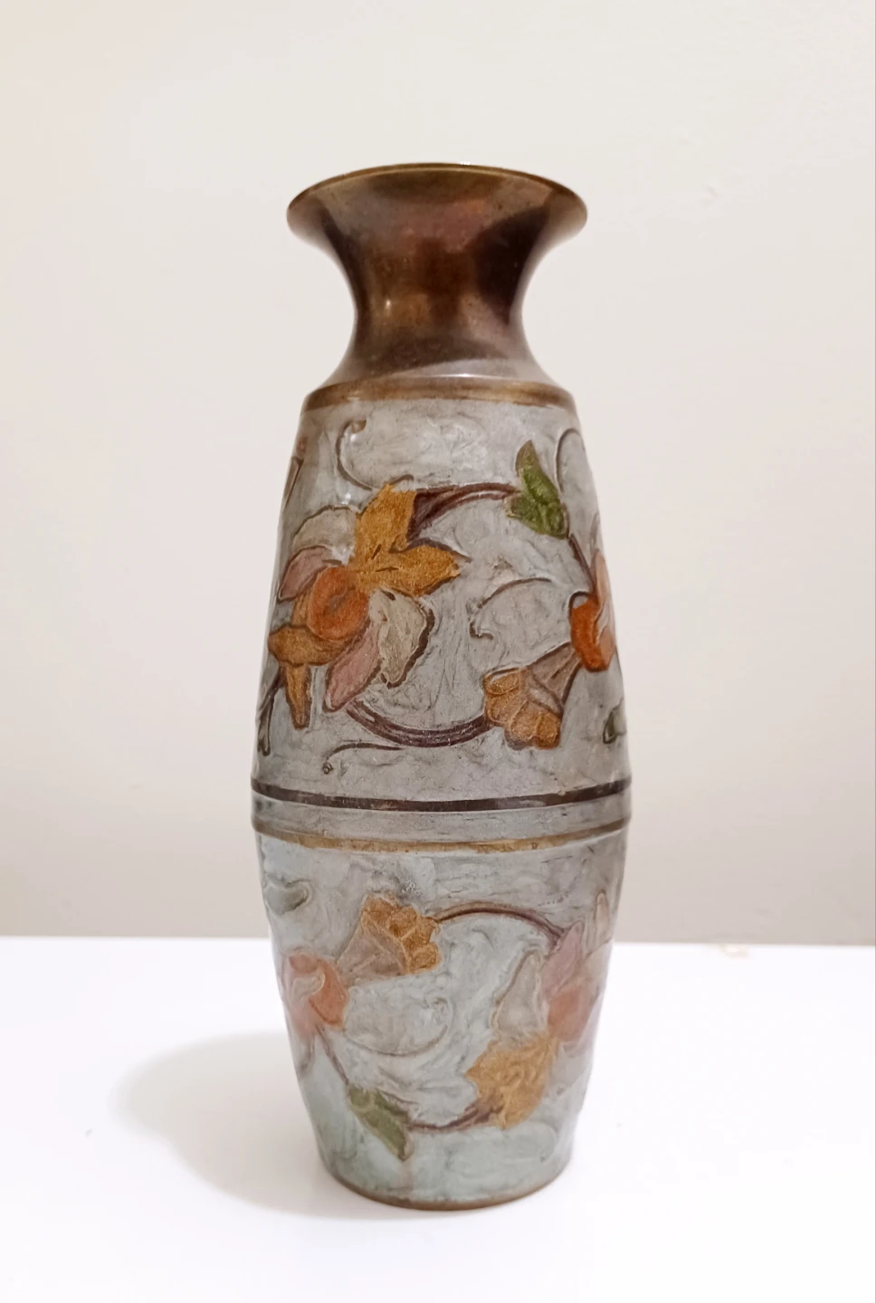 Vtg Handmade Floral Enamel Heavy Brass Vase