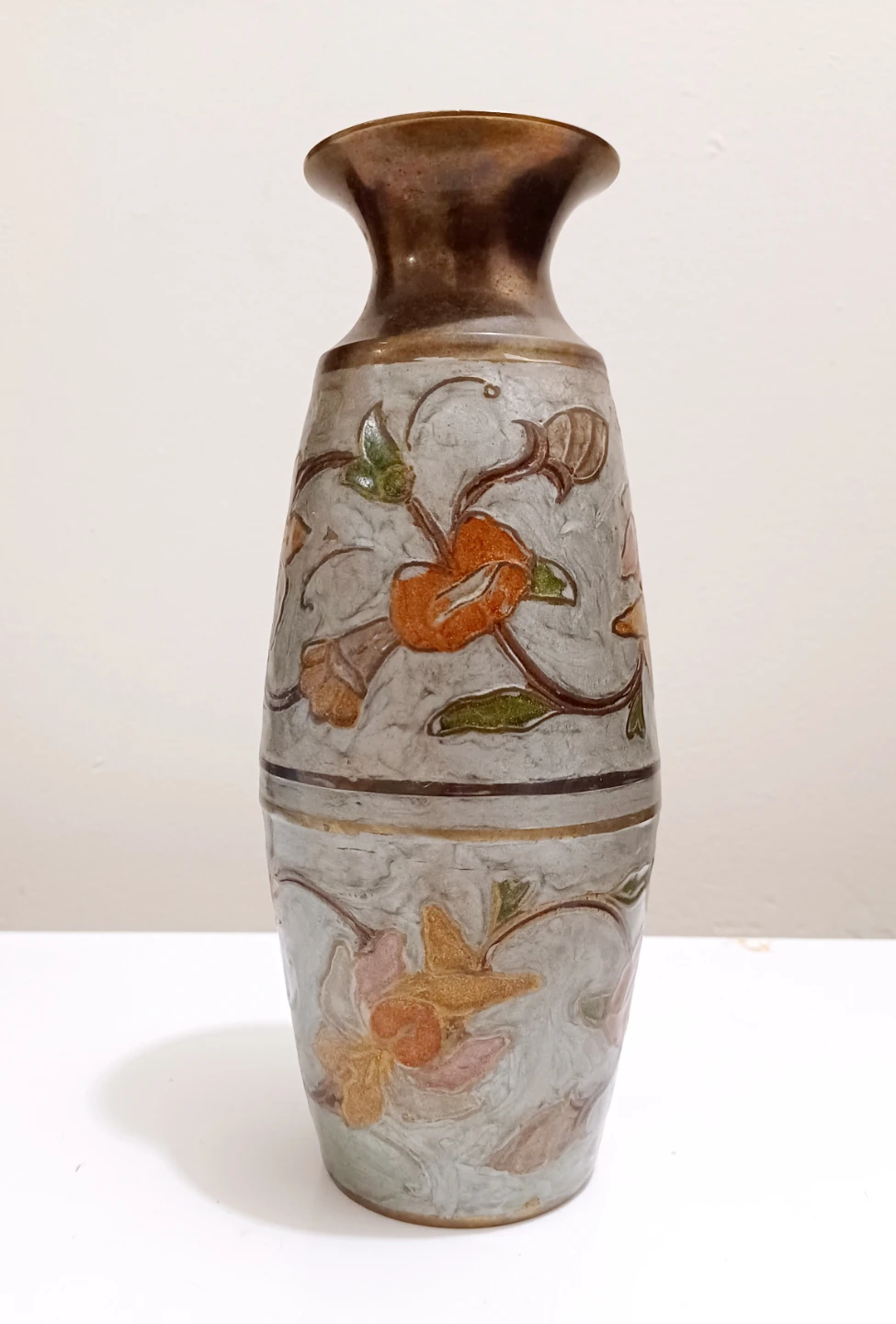 Vtg Handmade Floral Enamel Heavy Brass Vase - photo 2