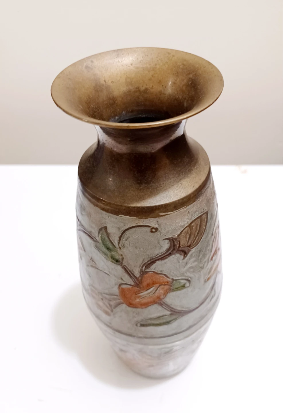 Vtg Handmade Floral Enamel Heavy Brass Vase - photo 3