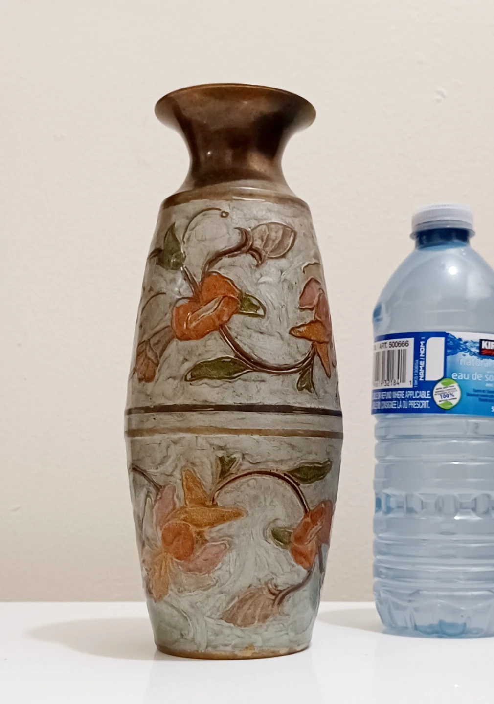 Vtg Handmade Floral Enamel Heavy Brass Vase - photo 4