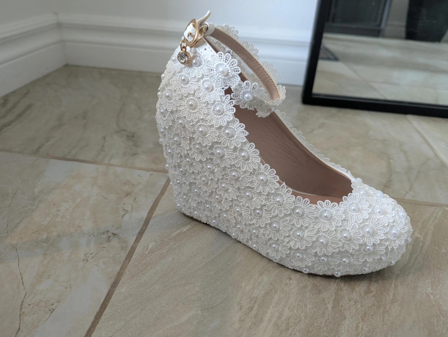 White Lace Wedge Heels with Pearls and Rhinestones