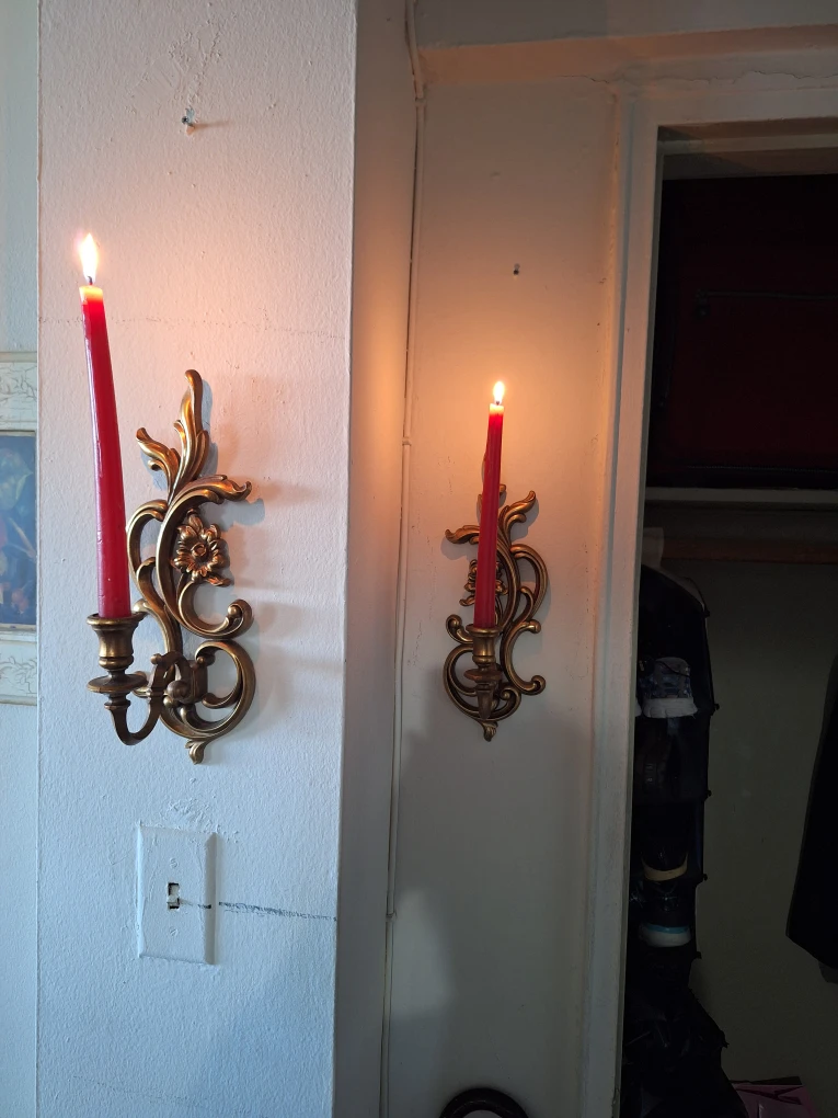 Gold Tone Ornate Wall Sconce with Red Taper Candle - photo 2