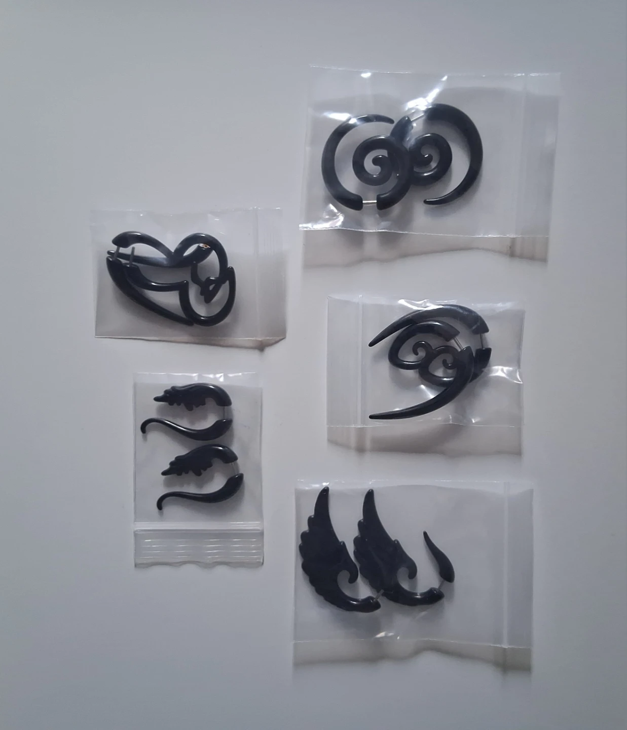 Black Spiral and Wing Fake Ear Gauges - Set of 5 Pairs