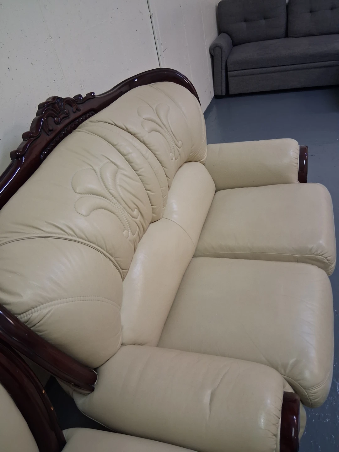 Cream Leather Sofa Set with Dark Wood Trim - photo 3