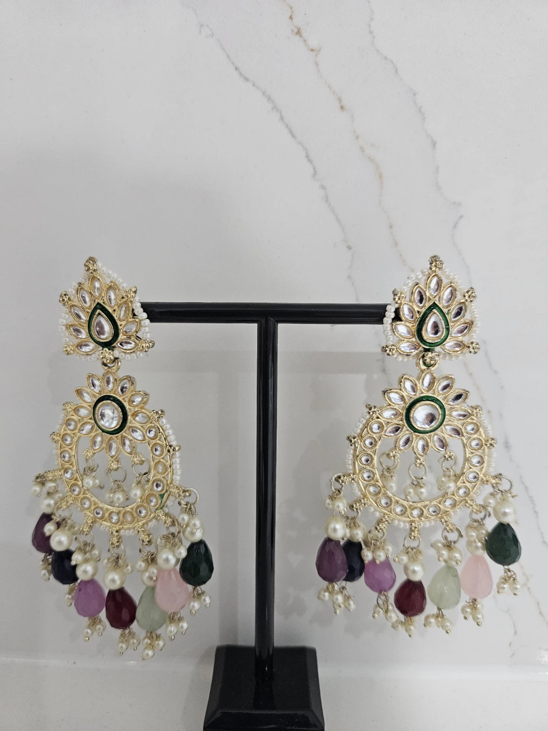 Gold Tone Dangle Earrings with colourful beads and pearls