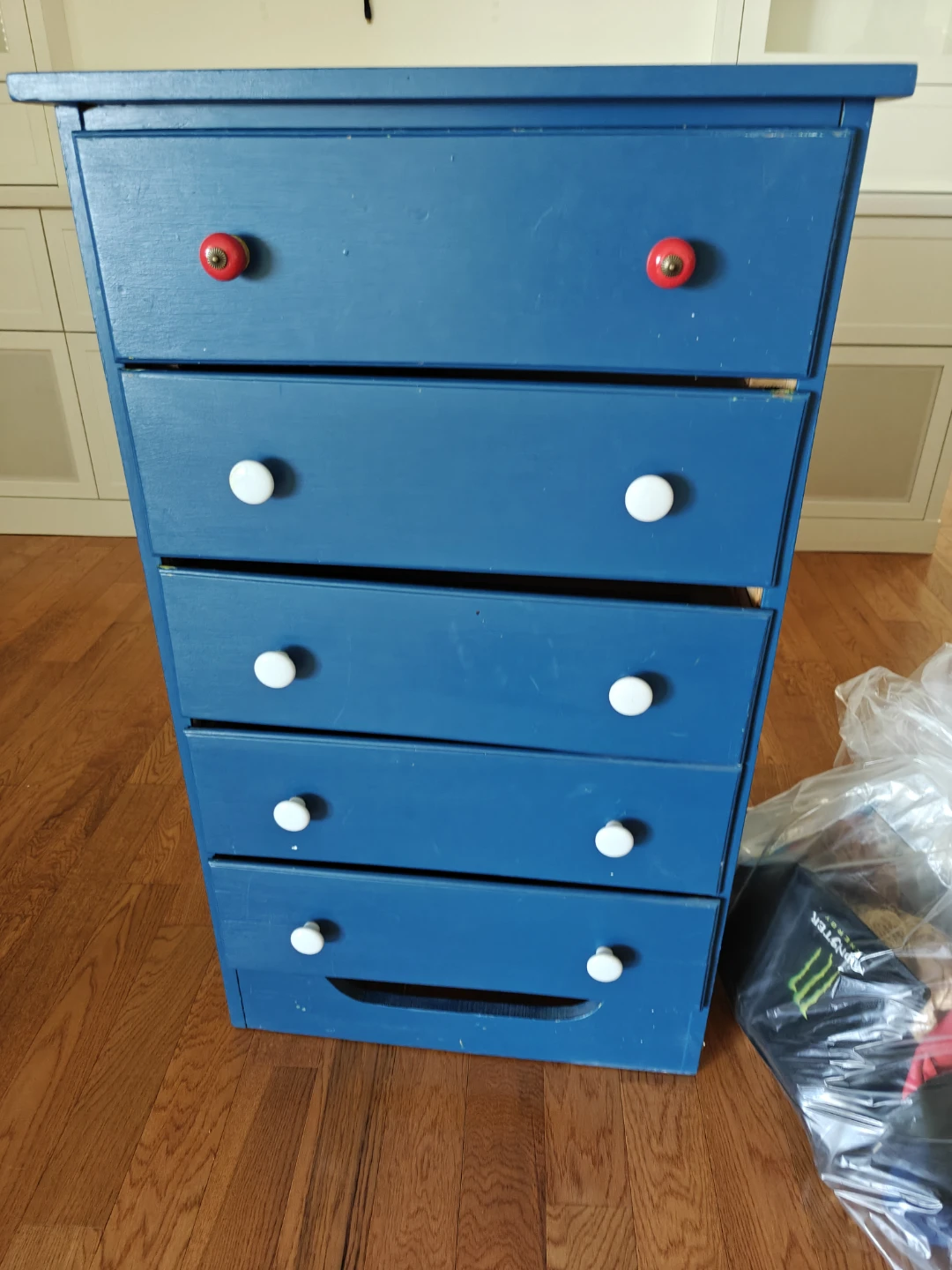 Blue 5-Drawer Dresser with Red and White Knobs