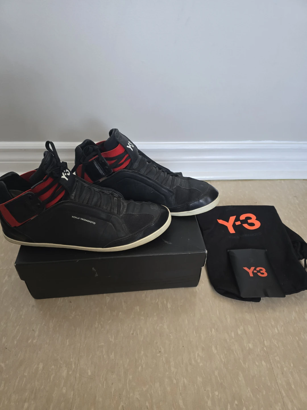 Y-3 Yohji Yamamoto Black & Red Mid-Top Sneakers