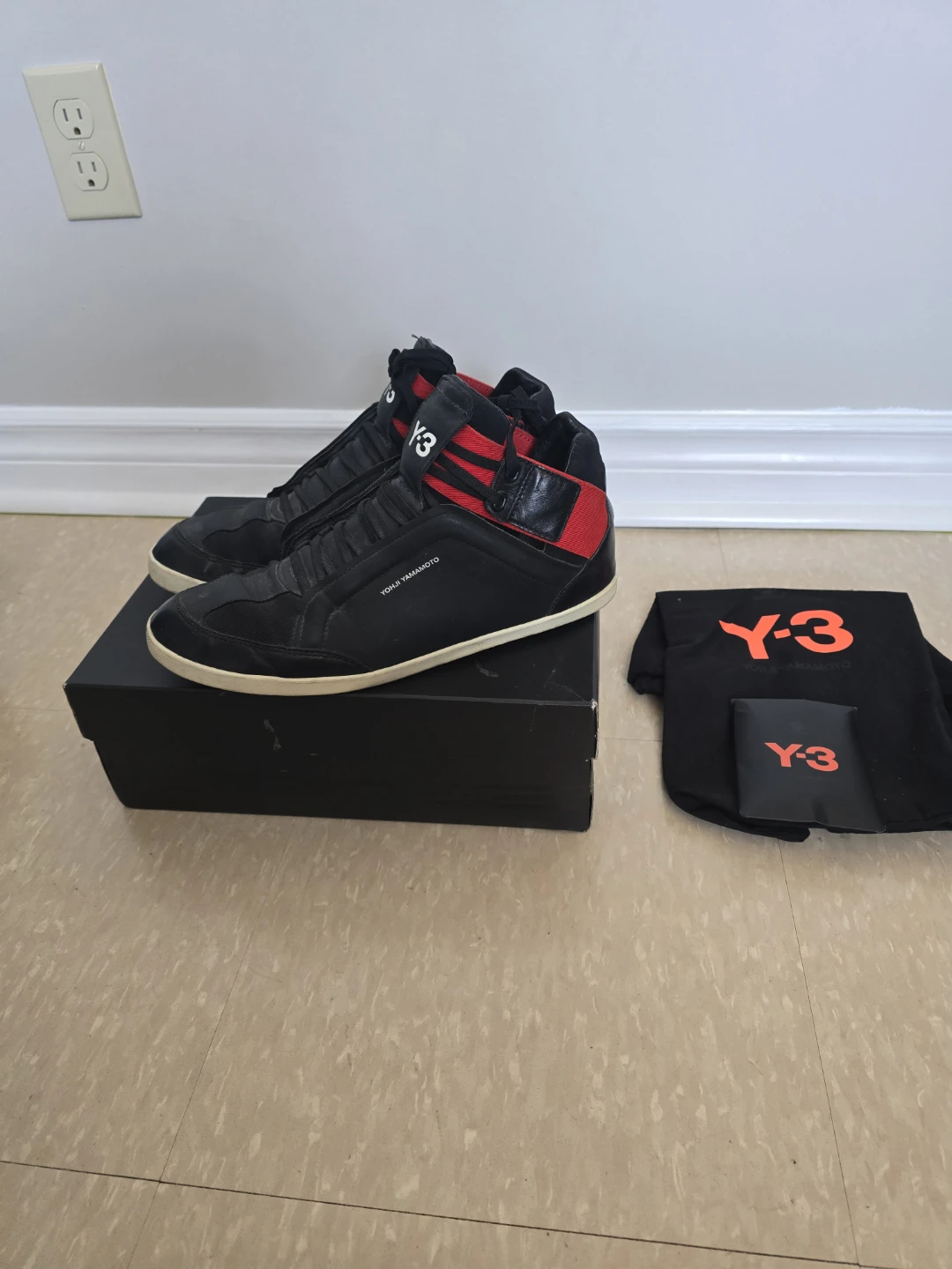 Y-3 Yohji Yamamoto Black & Red Mid-Top Sneakers - photo 3