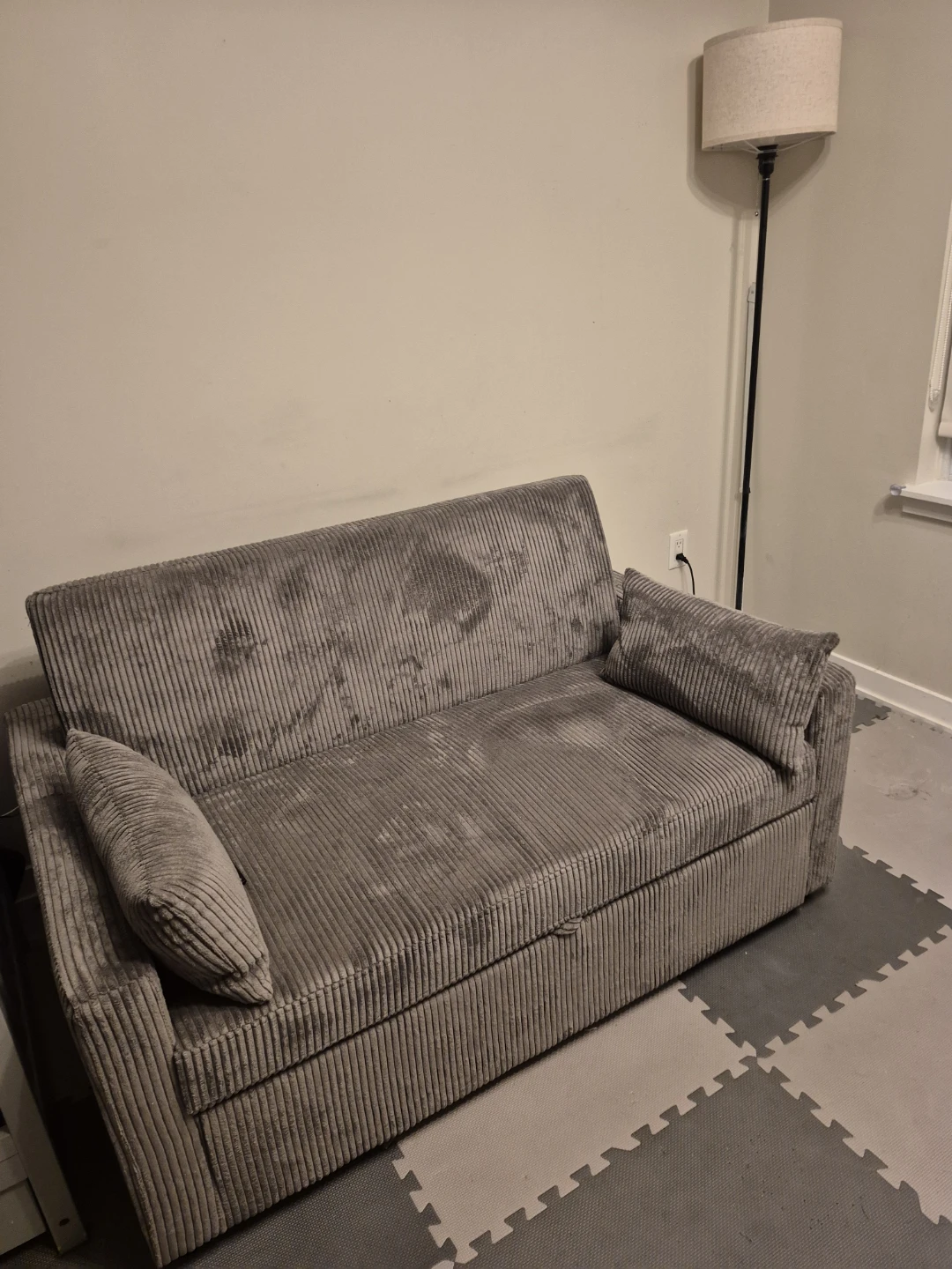 Grey Corduroy Sofa Bed with Pillows
