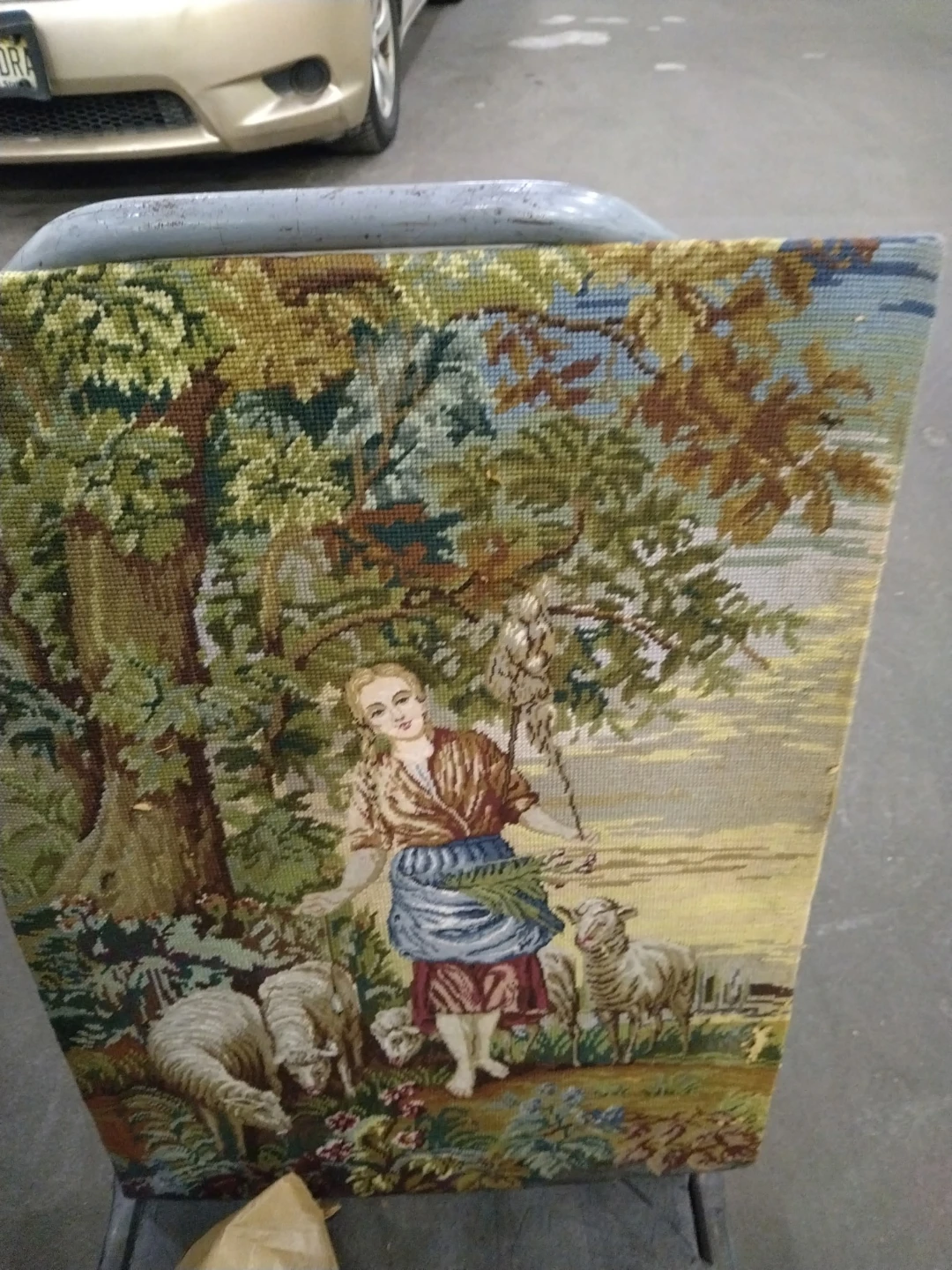 Tapestry Basket with Shepherdess and Sheep Scene