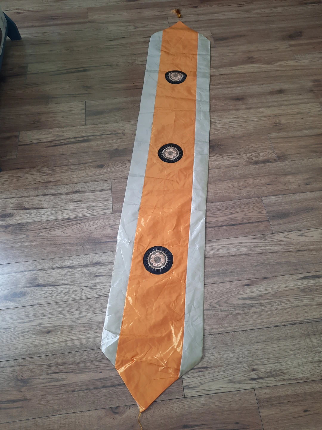 Orange and Grey Table Runner with Embroidered Medallions - photo 3